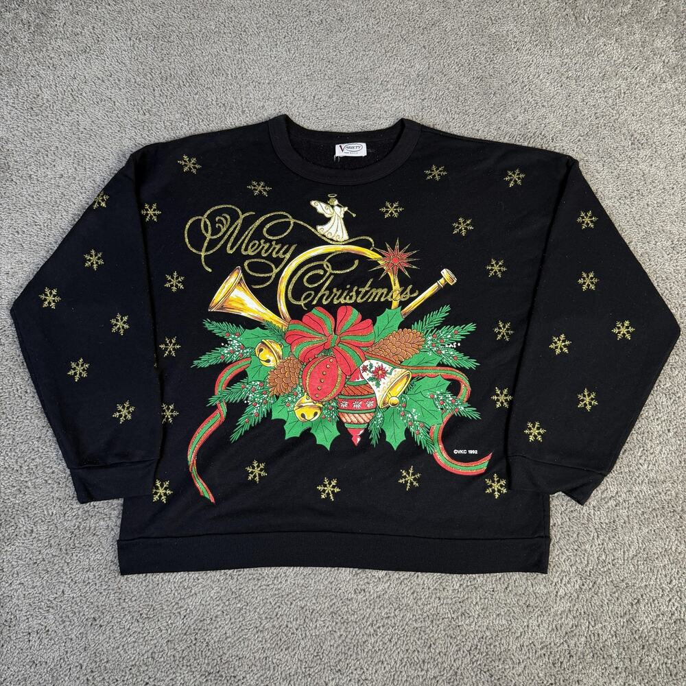 Vintage Christmas Sweatshirt Mens XL Black Holiday Bells Motif Glitter 90s